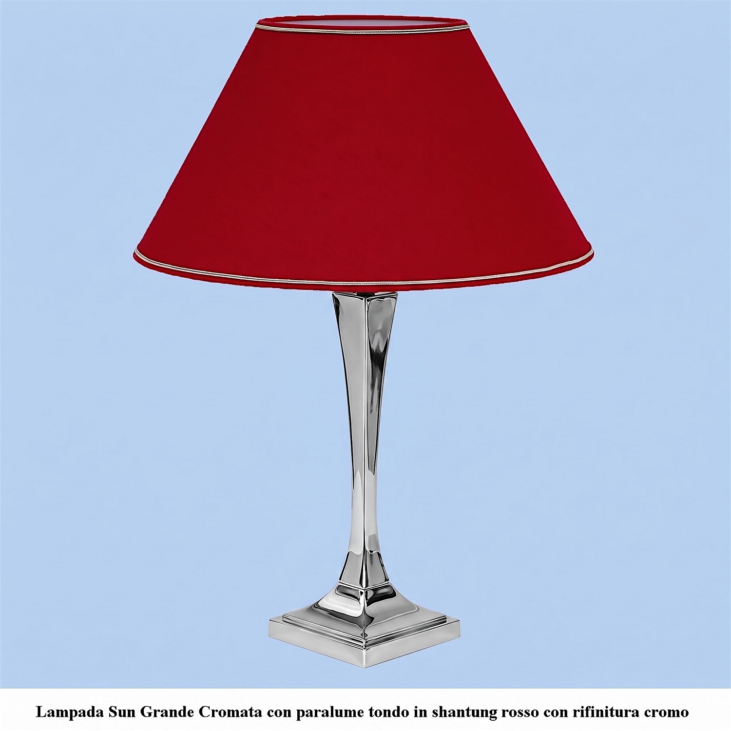 Lampada moderna in ottone cromato modello Sun Piccola con paralume tondo di colore rosso